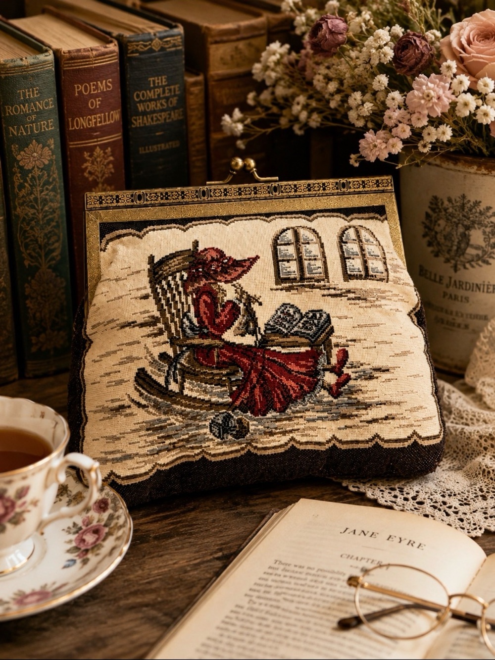 Vintage Walborg Tapestry Kiss Lock Purse Victorian Book Lover Cottagecore Bag